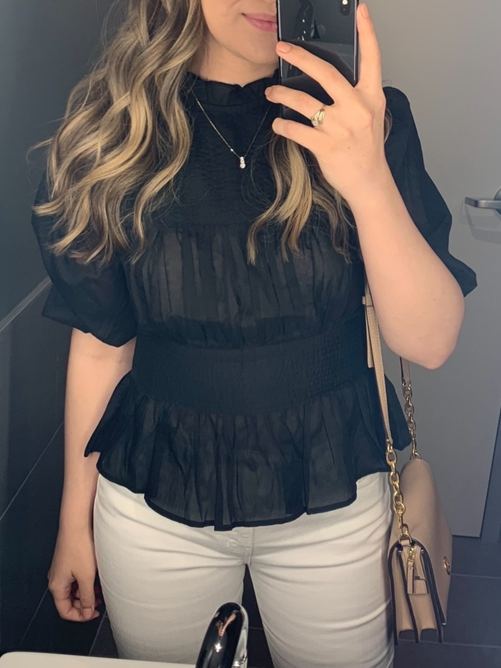 Something Navy Black Smocked Waist High-Neck Peasant Blouse